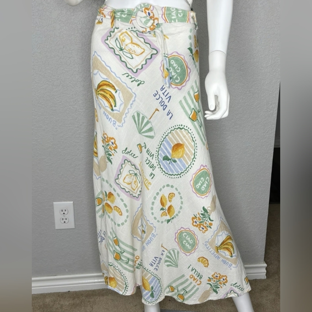 Paper Heart Linen Blend Maxi Skirt Size Small La Dolce Vita Lemon Floral EUC
